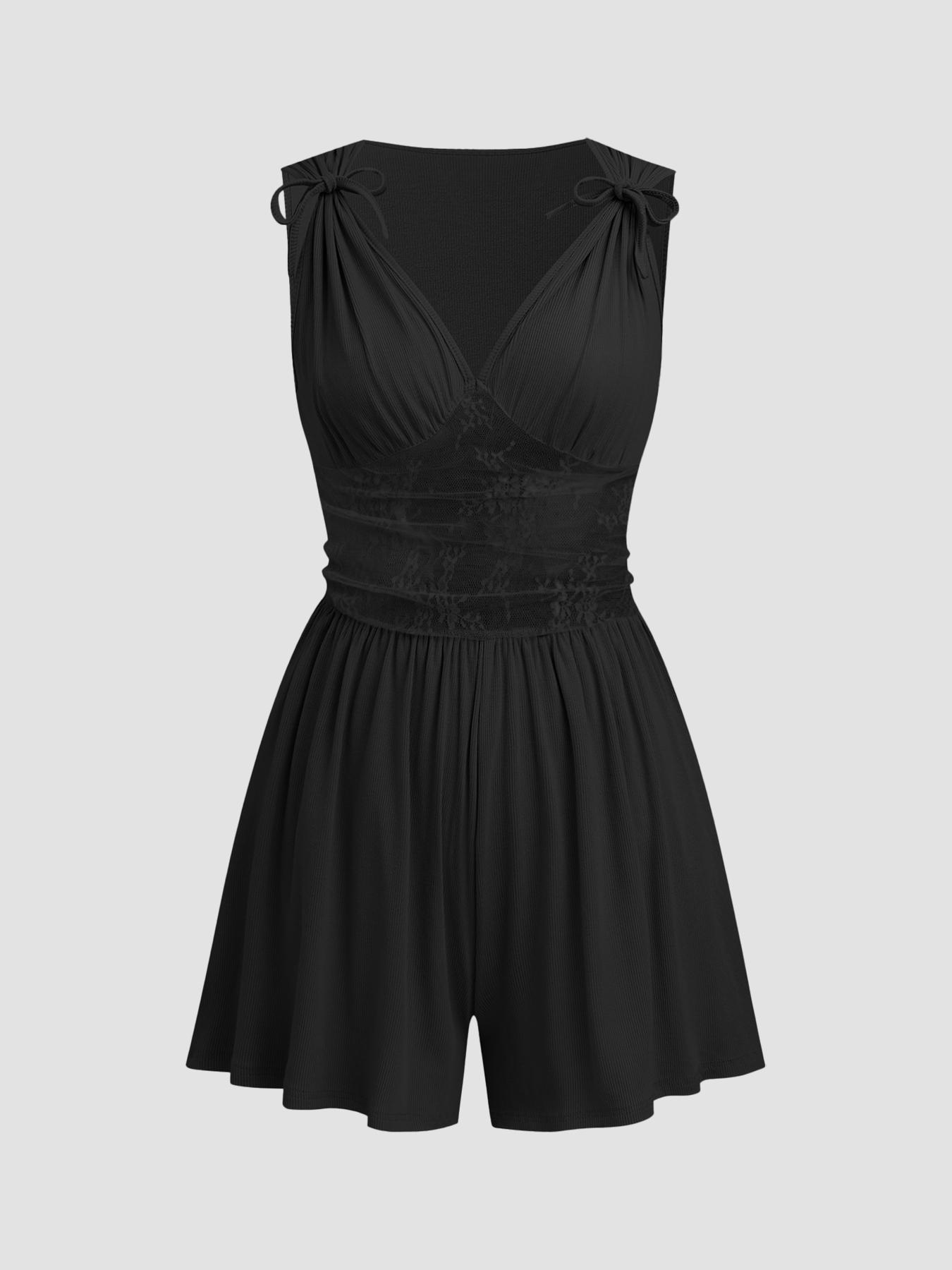 Women's Plain Ruched Deep V Neck Tank Romper, Elegant Sleeveless Romper For Summer, Fashion Casual Ladies Clothes For Daily Wear