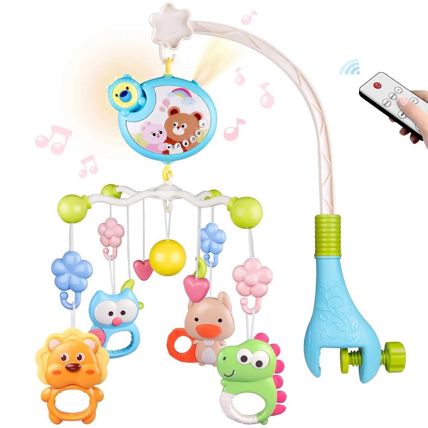 Crib Mobile with Music and Lights, Baby Mobiles  Cribs, Nursery Musical Mobile  Bassinets Toys Hanging Girls Boys, Pack and Play Space Portable Animal Mobile Hanger Arm Clip On Attachment