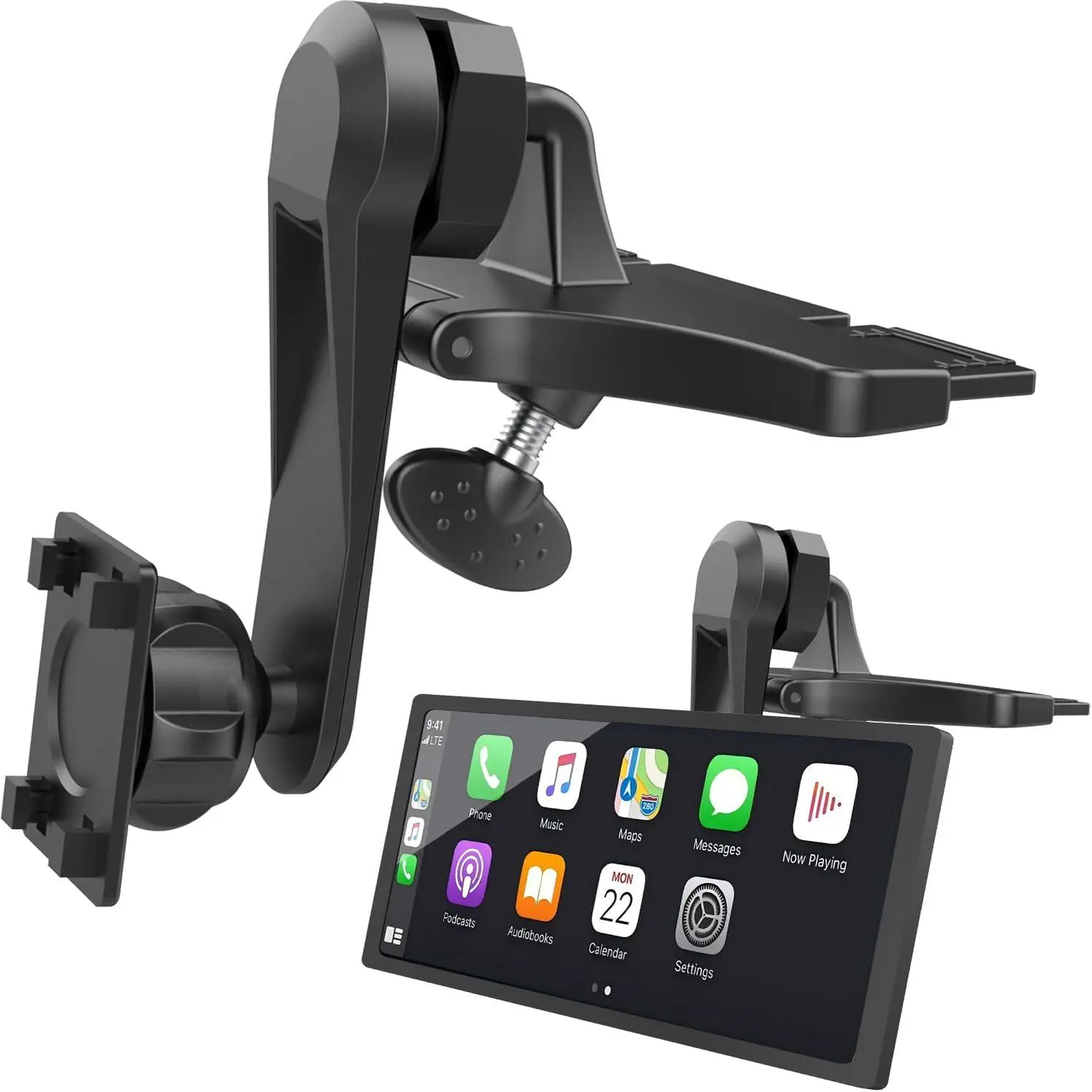 CD Slot Car Mount for Portable CarPlay Screens with Extension Arm, Adjustable Angles, Low Profile, Integrated Mounting Solution for in-Car Android Display Monitors (4-Tab Bracket Mount)