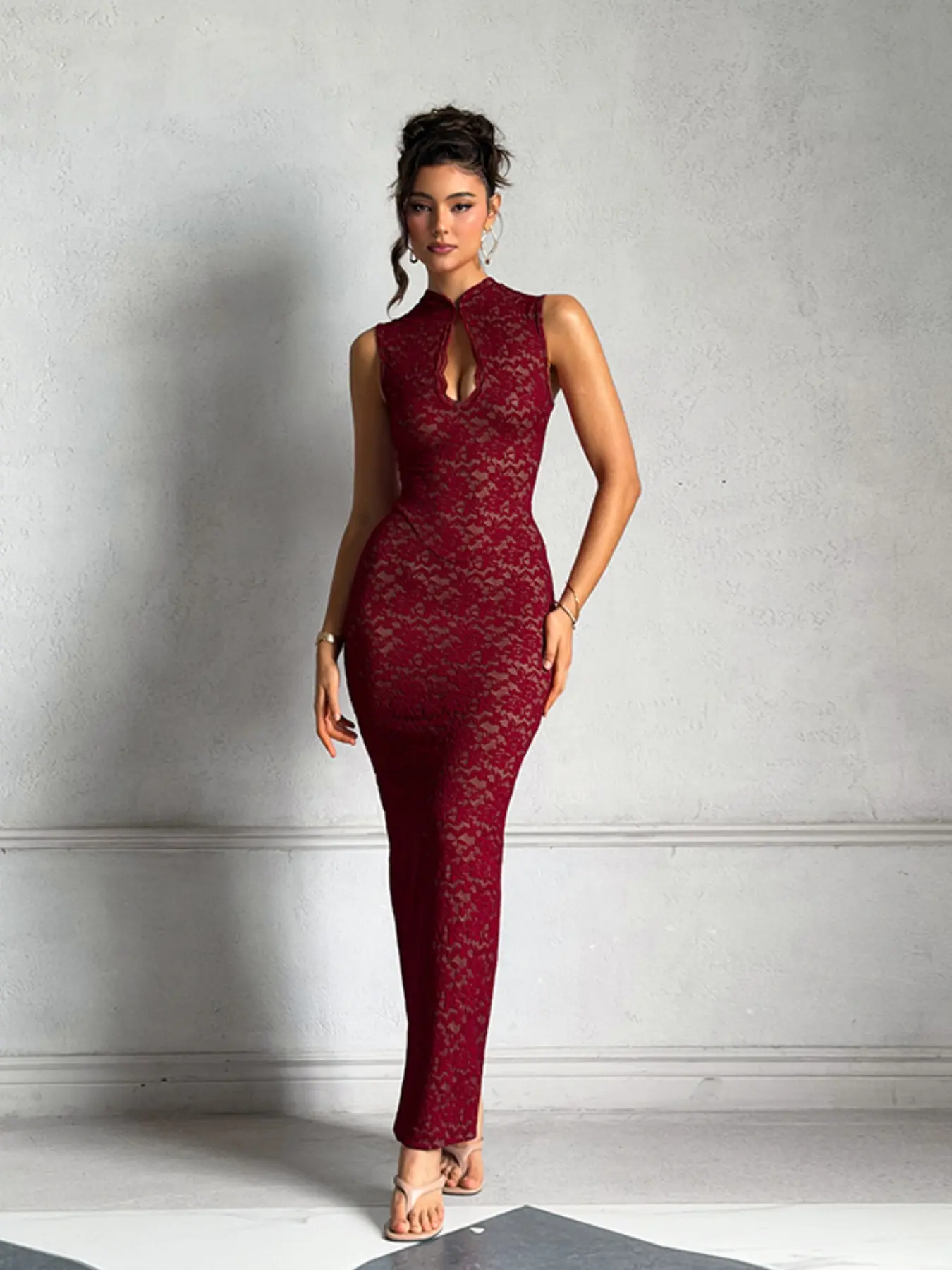 Women's Summer Lace Sleeveless Qipao Cocktail Evening Dress, Solid Sleeveless Dress, Perfect for Daily Wear, Chic Parties, and Banquets, Elegance and Comfortable Formal Evening Gown