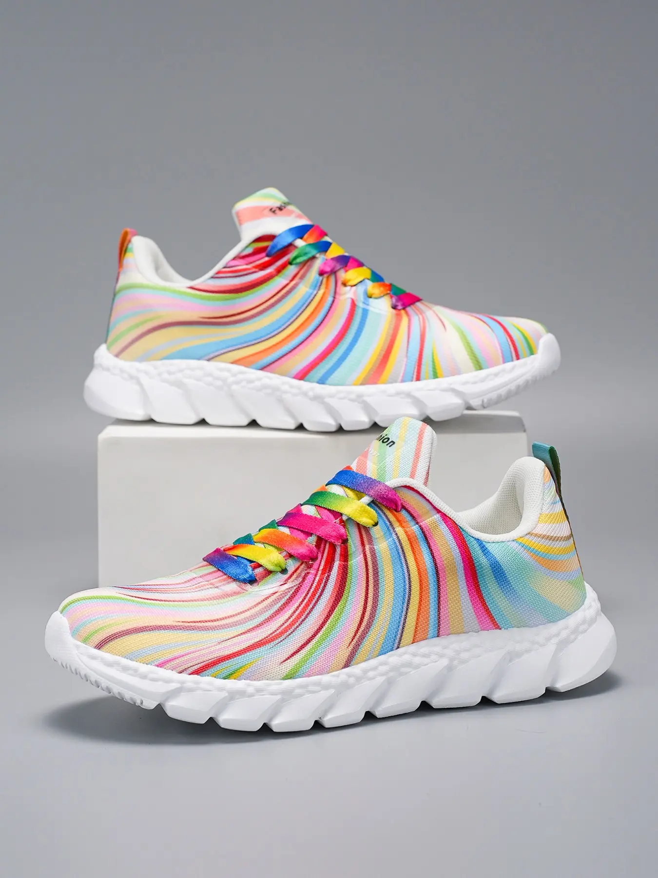 Women's Casual Sneakers, Low-Top Breathable Fabric, Rainbow Stripe Accents, Eva Cushioned Sole, All-Day Comfort, All-Season Wear