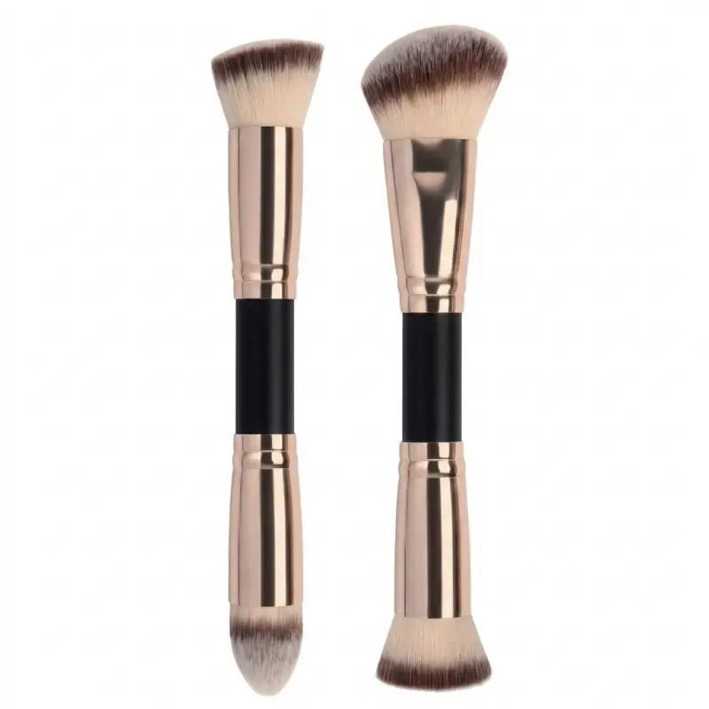 Two-pack of double-ended foundation brushes, 2-in-1 flat concealer brush, angled foundation brush for makeup application, and brush for blending liquid cream and contouring face (pink, gold) Cosmetic Brushes.