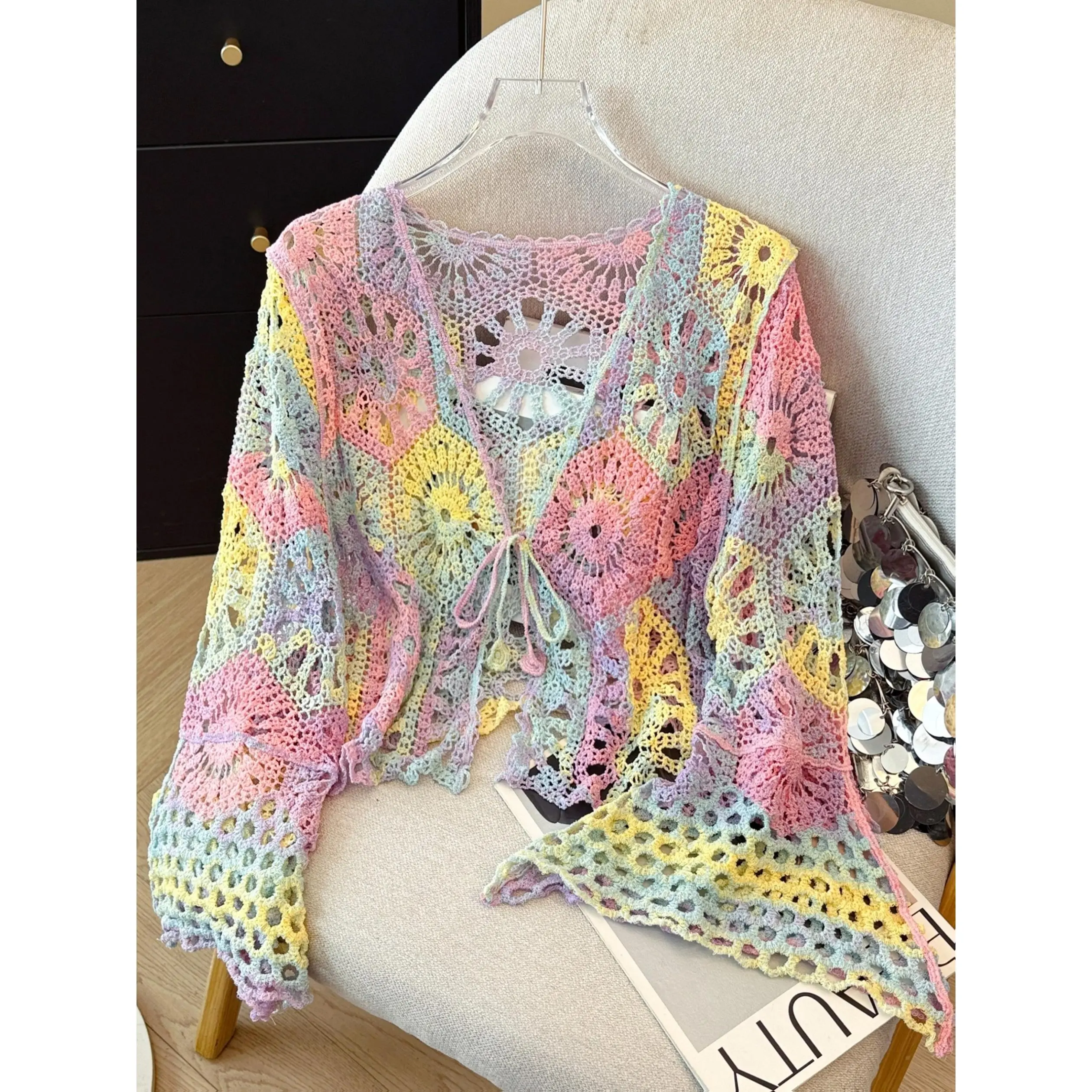 Rainbow gradient dopamine crochet design hollow long-sleeve cardigan short top