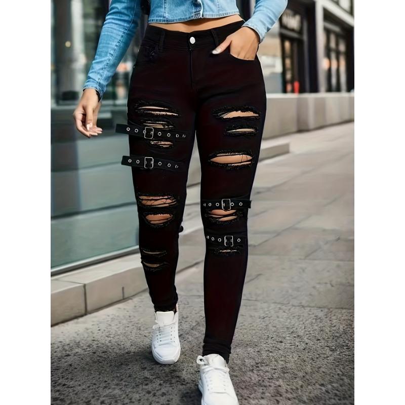 Women's High-Waist Black Skinny Jeans with Unique Buckle Detail - Stretch Denim, Distressed Look, Machine Washable - Perfect for Spring & Autumn Fashion, Plus Size Jeans