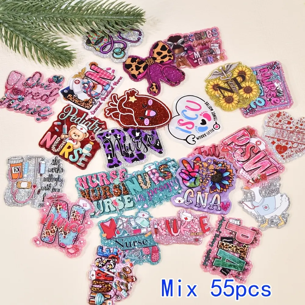 2D Flat Badge Decorations - 55pcs Mixed Theme FlatBacks for Retractable Badge Reels, Thank You Gifts for Students, Medical Staff, Badge Decoration