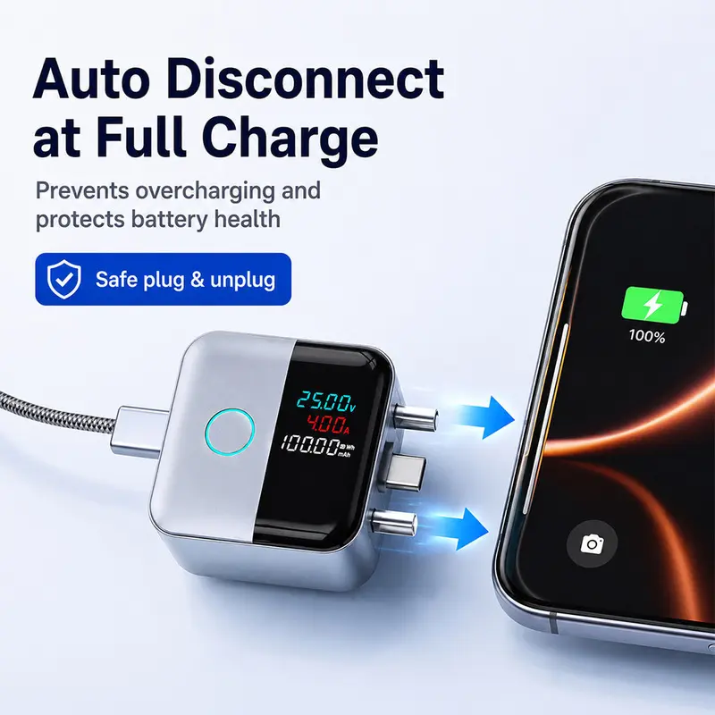 140W AI Auto-Disconnect Fast Charger, Adaptor Charger & Physical Separator, Features real-time digital display, temperature cooling & power outage detection, Dual current safely supports multiple devices