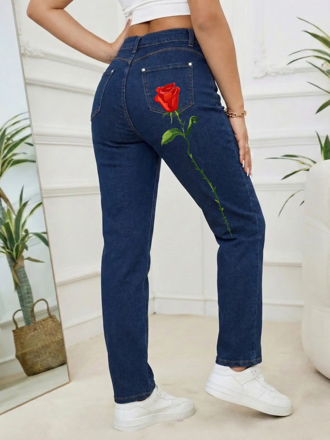 Women’s High Waisted Stretch Jeans with Rose Graphic Print, Slim Straight Leg Denim Pants, Vintage Y2K Casual Streetwear Jeans, Trendy Fall Outfit Pants for Women, Comfortable Everyday Wear Jeans, Cute Aesthetic Floral Printed Denim