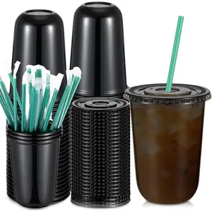 25 Set Plastic Cups with Lids and Straws, Disposable Plastic Iced Coffee Cup  Cold Beverage Juice Smoothie Crystal  Coffee Shops Party Catering(Black,16 oz)