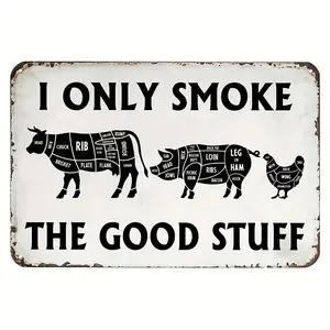 2D Flat, Vintage BBQ Butcher Meat Cutting Chart Metal Wall Art   Iron Sign with Pre-Drilled Holes, "I Only Smoke the Good Stuff" Bacon Compass Design for Patio, Kitchen, or Outdoor Decor, Kitchen Wall Art