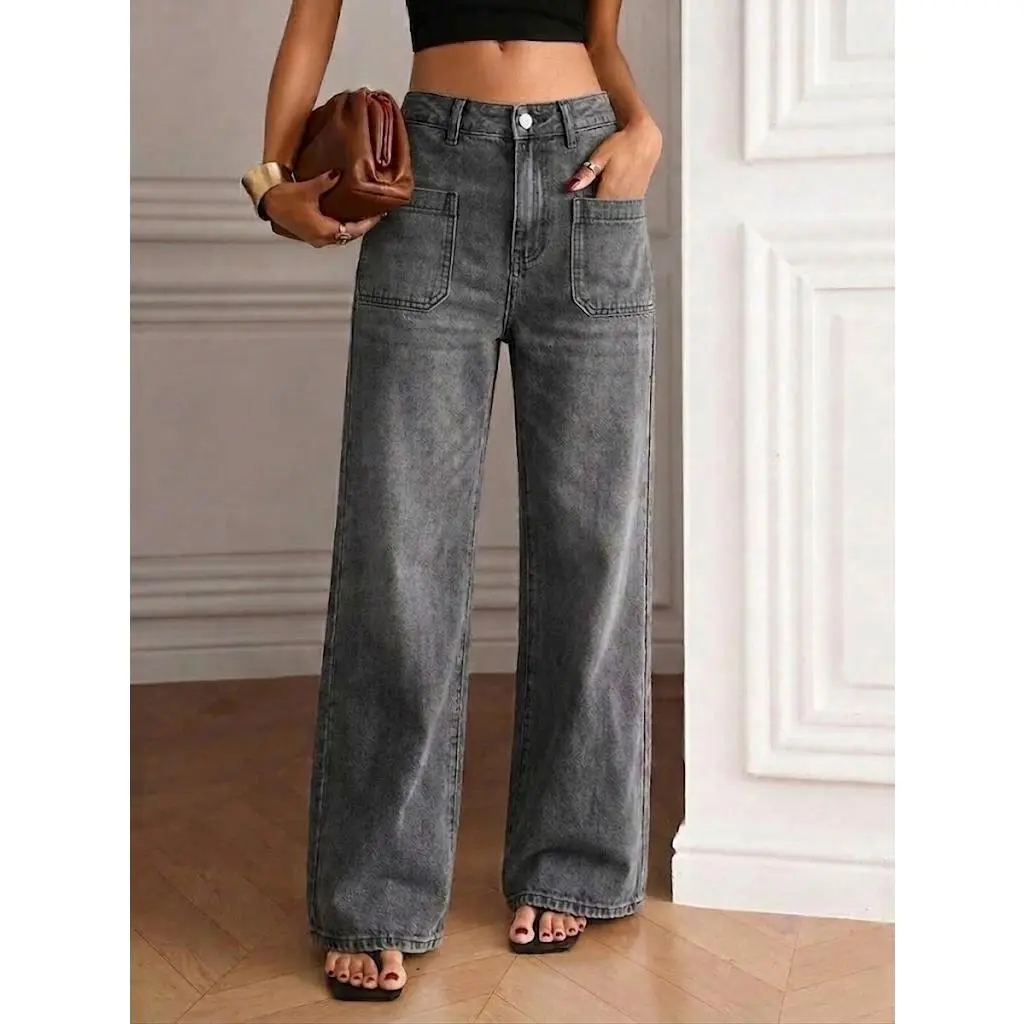 High Waisted Grey Wide Leg Jeans for Women, Stretchy Washed Charcoal Denim Pants with Front Patch Pockets (Loose Fit Streetwear)