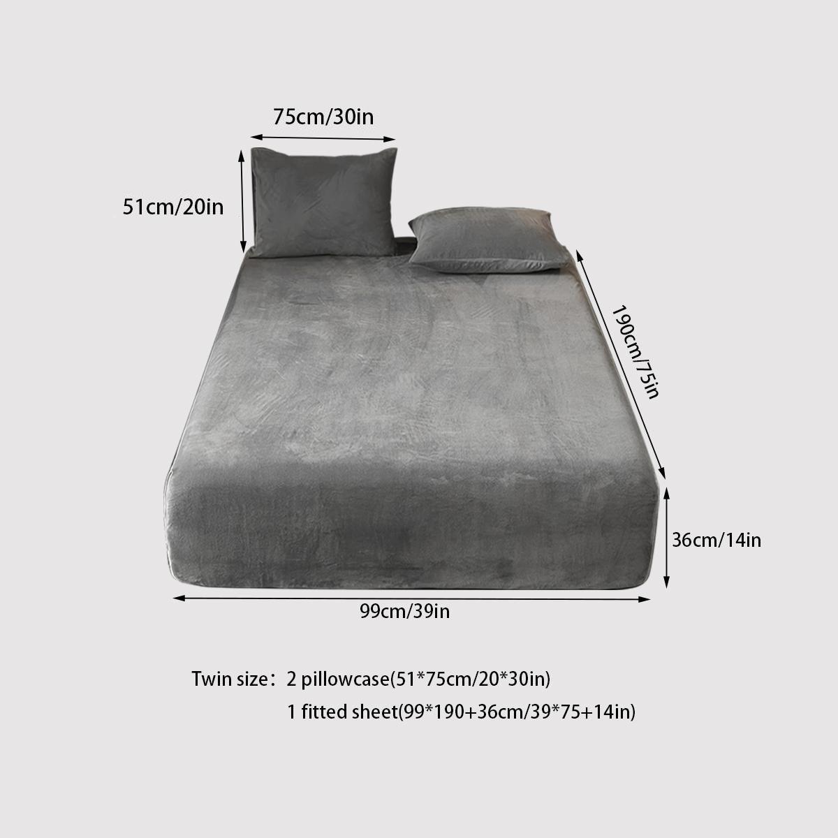 Solid Color Fitted Sheet and Pillowcase Set, 3 pcs/set Including 1 Plush Fitted Sheet and 2 Pillowcases without Filler, Soft Bedding Set