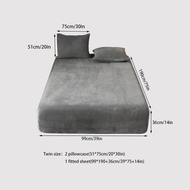 Solid Color Fitted Sheet and Pillowcase Set, 3 pcs/set Including 1 Plush Fitted Sheet and 2 Pillowcases without Filler, Soft Bedding Set