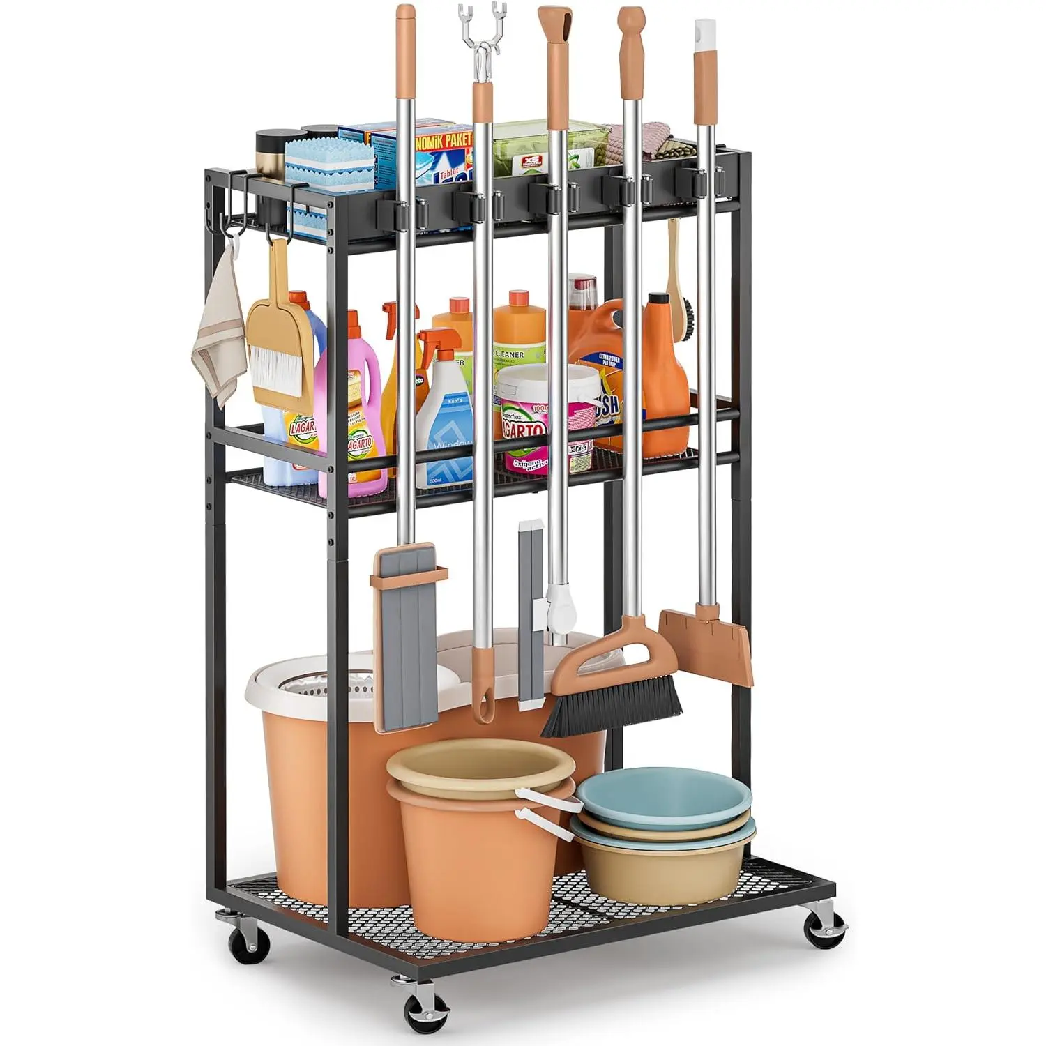 Broom Holder with Cleaning Supplies Organizer, Broom Closet Storage Cabinet with Mop Hanger Gripper Rack Hooks, Cleaning Housekeeping Janitorial Cart with Cleaning , Laundry Room Organization