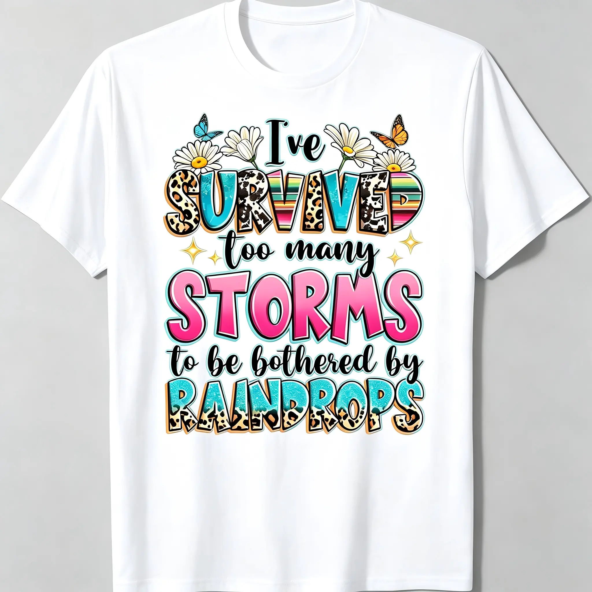 "I've Survived Too Many Storms" Leopard Daisy Butterfly Unisex T-Shirt for Men & Women - Boho Positive Quote Tee, Soft Cotton Crew Neck Short Sleeve, Great for Daily & All-Season Wear, Summer Spring, Machine Washable