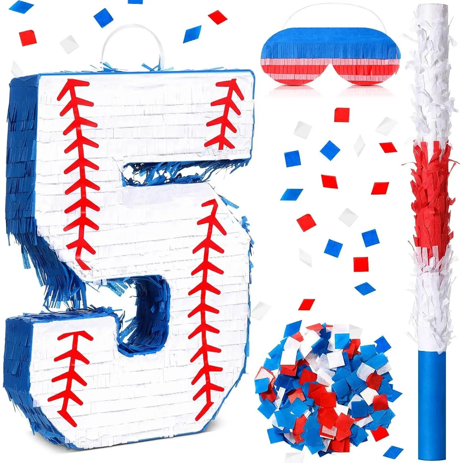 Baseball Piñata Number Piñata for Baseball Party Decorations, 16 Inch Sports Themed Birthday Party Supplies with Bat, Blindfold and Confetti for Celebration Events (Number 5)