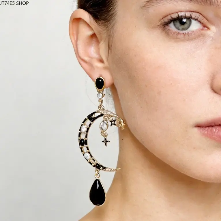 Women's Symmetric Luxury Look Moon Motif Earrings - Light Retro Irregular Opal Crescent Drop Earrings with Copper Base