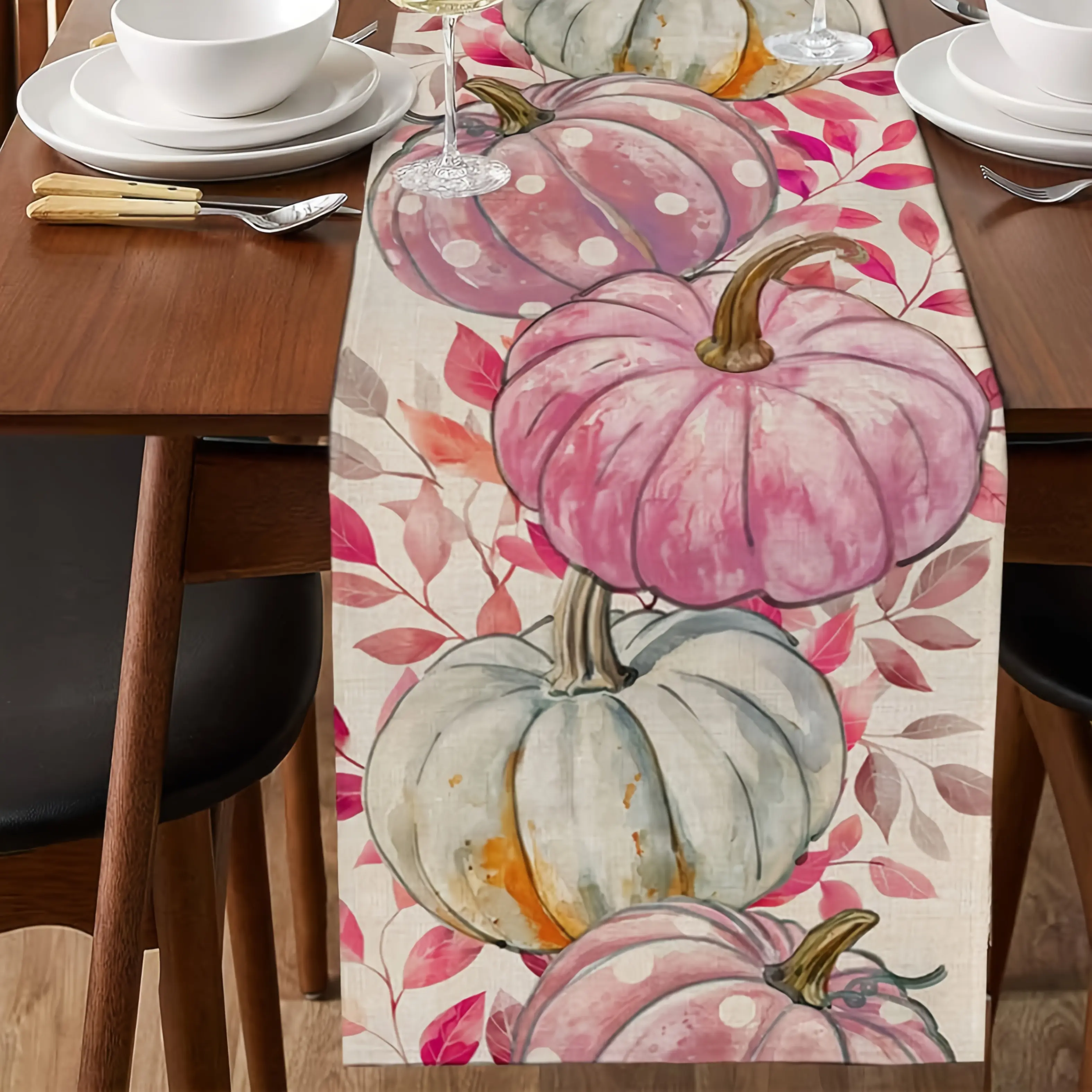 1pc Autumn Thanksgiving Pink White Polka Dot Pumpkin Vintage Table Runner Kitchen Family Banquet Party Table Decoration