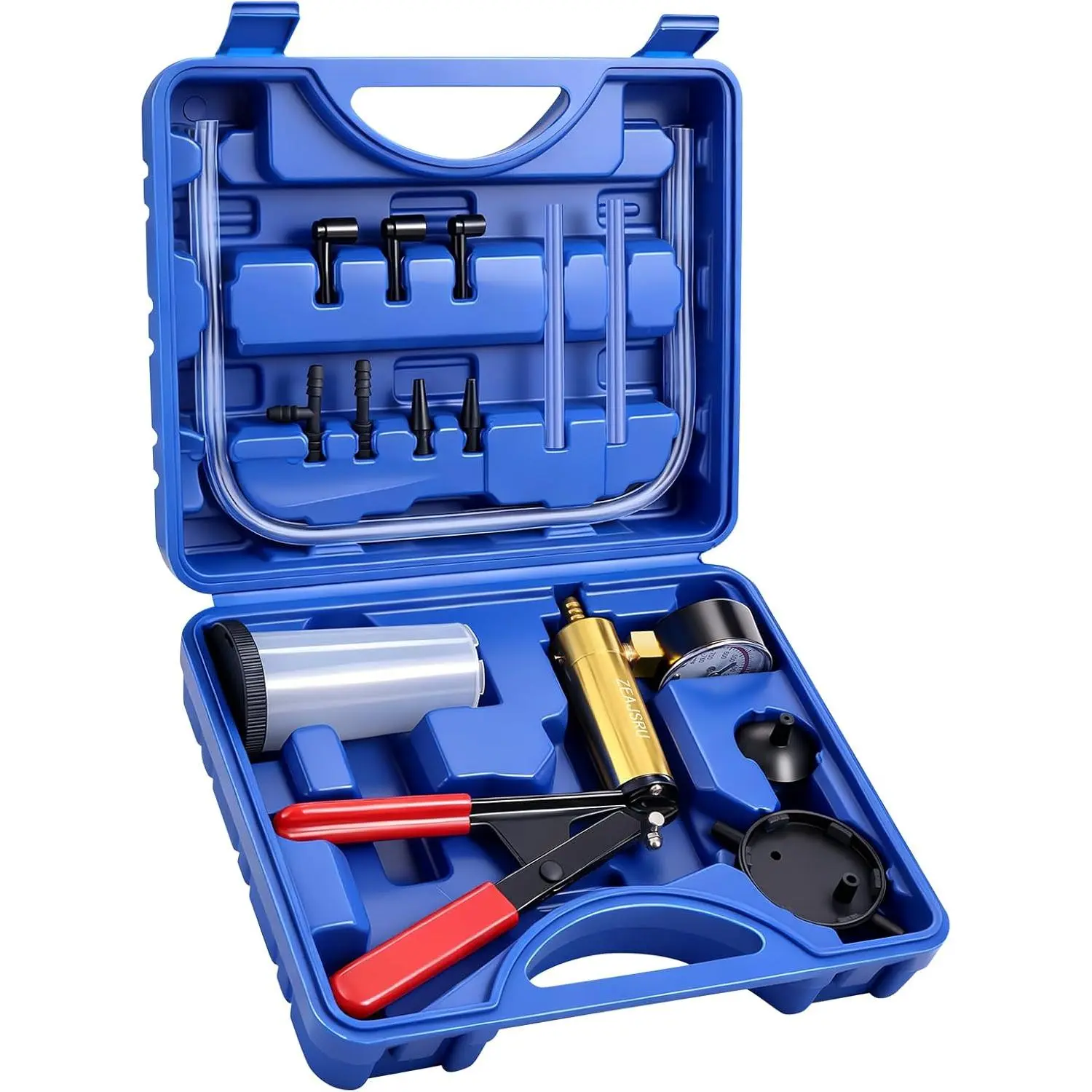 Handheld Vacuum Pump  Bleeder Kit with  Gauge,  Fluid Bleeding Tool Set with Hoses, Adapters and Reservoir, Automotive  Bleeding & Vacuum Diagnostic Test Kit (-Blue-)