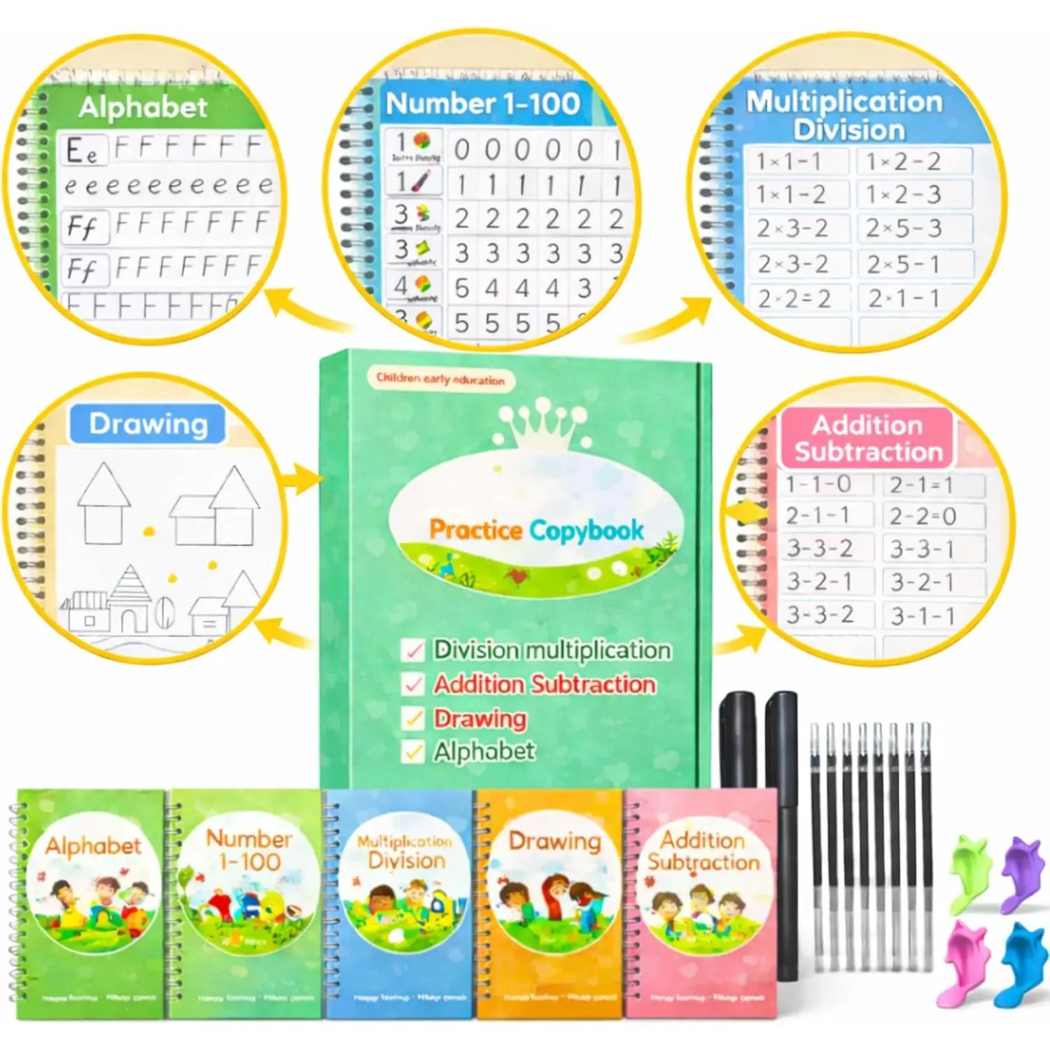 Magic Grooved Writing Practice Books for  Ages 3-5 -  Handwriting Workbook Set with 5 Tracing Books, 2 Pens & 10 Refills - Alphabet Numbers Math Drawing Learning Toys for