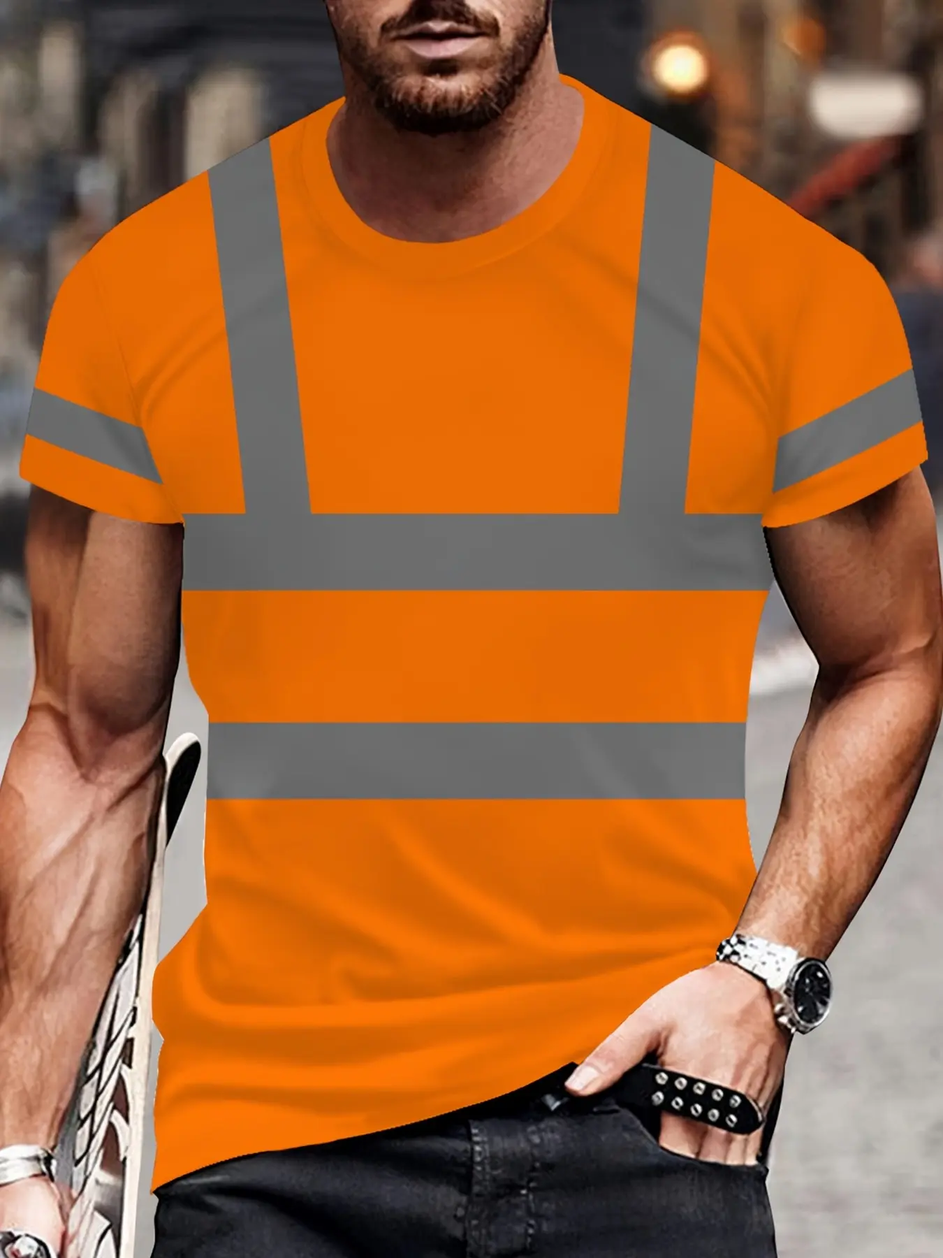 Tank Top Men's Short Sleeve T-Shirt, Full Body Base Print Round Neck Top, Non-Reflective Non-Glow, Casual Long Fit