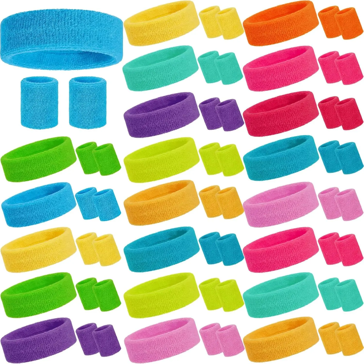 Bememo 72 Pcs 80s Neon Sweatbands Set 24 Sports Headbands and 48 Sweat Wristbands Bulk for Kids Man Woman Athletic Soccer Basketball Football Tennis Game Gym Student Gifts Party Favors