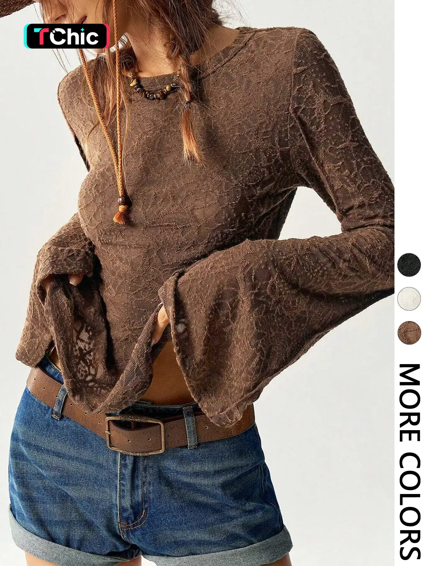 Women's Solid Color Knitted Lace Patchwork Flare Sleeve Tee, Casual Regular Fit T-Shirt for Women, Stylish and Comfortable, Lady, Basic, Long Sleeve, Knitwear, Knit Shirts, Tops, Womenswear