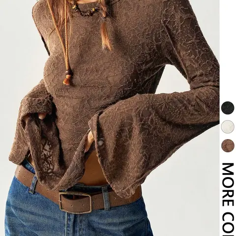 Women's Lace Flare-Sleeve Top, Regular-Fit Crew Neck Long-Sleeve Tee, Feminine Romantic Casual Everyday Top, Knit Fabric Top