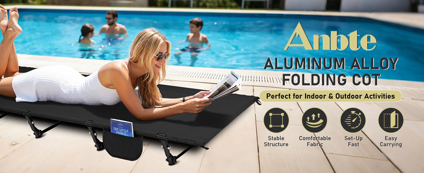 Anbte Ultralight Folding Camping Cot, Comfortable Portable Camping Cot Supports 275 lbs with Storage Bag & Side Pocket, Lightweight Folding Bed for Outdoor Travel Tent Indoor Emergency Bed, Black