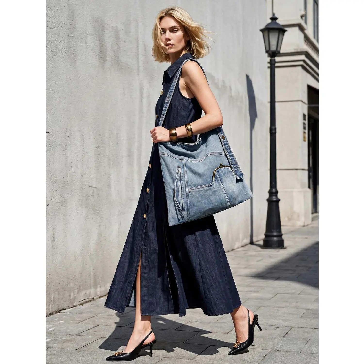 Sporty Chic Shoulder Tote, Washed Denim Look Slouchy Carryall for Women, 43.5cm Large Capacity for Gym & Travel, Medium Thickness, Textile Shell, Female, Shoulder Carry, Portable, Adults, Tote Bags, Casual Fabric Purse