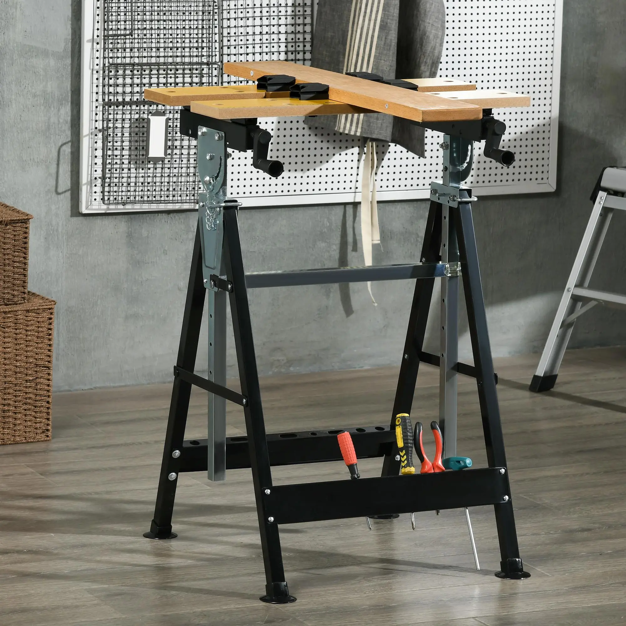 Heavy-Duty Steel-Frame Adjustable Height Work Bench Tool Stand - Portable Carpenter Saw Table with Adjustable Angle Top, 4 Clamps, 220lbs Load Capacity, Steel/MDF Folding Workstation for Woodworking, Garage