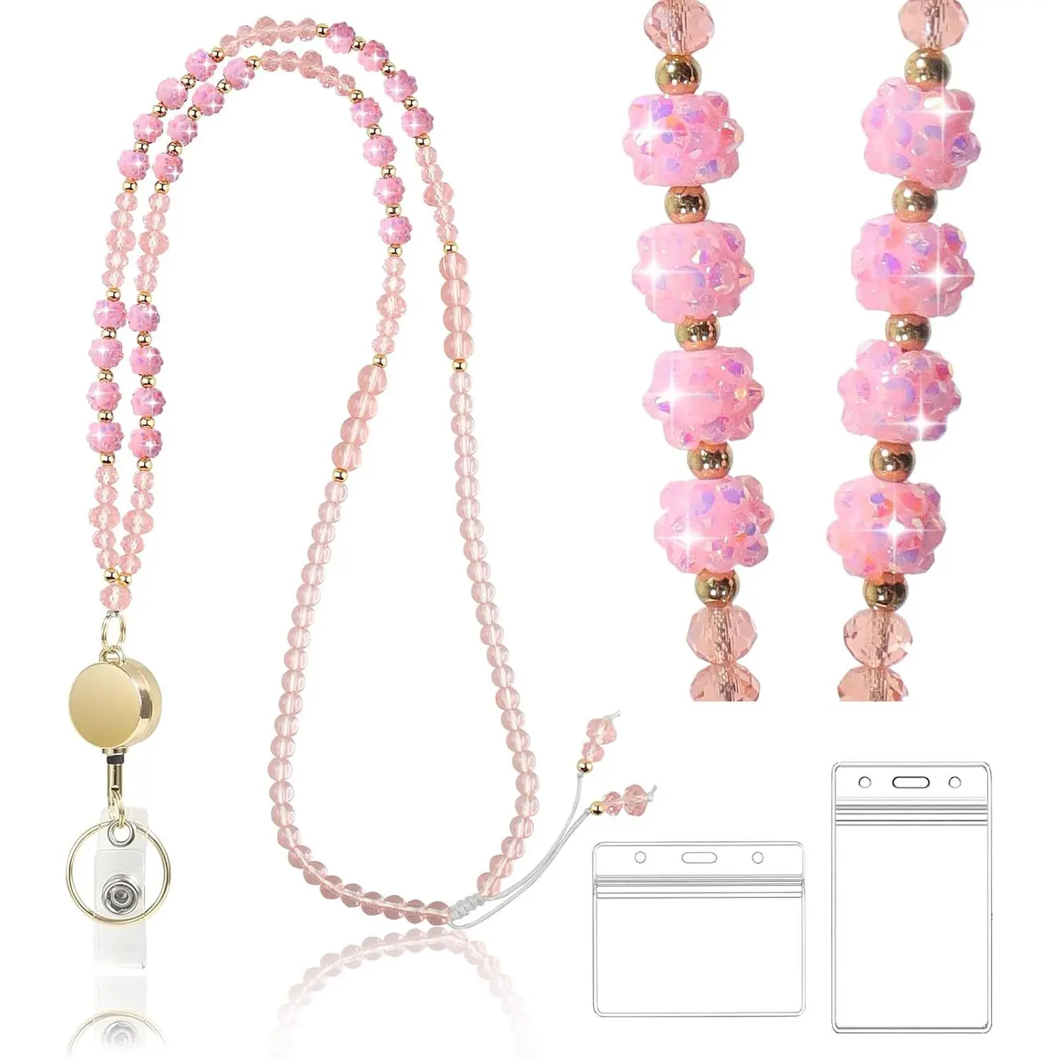 Bling Beaded Retractable Lanyard for Women, Ideal for ID Badges & , Adjustable Beads Lanyard with Badge Reel and ID Holder for Teacher, Nurse, Office Worker