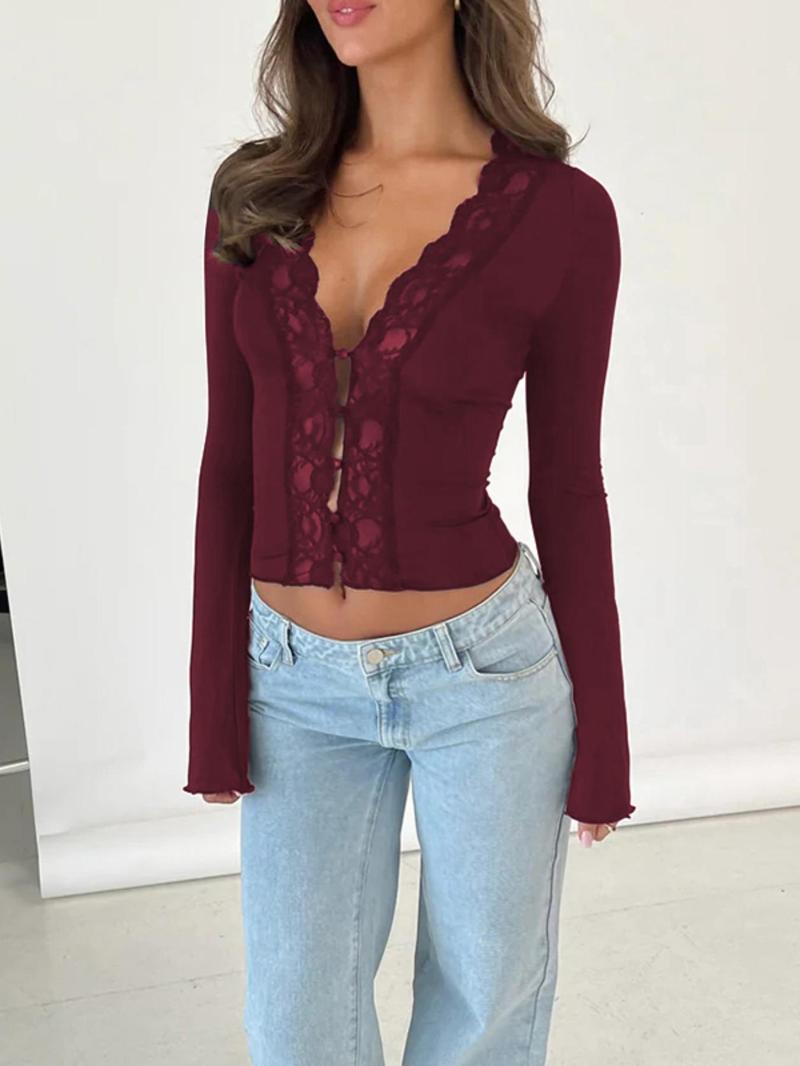 Women's Contrast Lace Button-Front Flounce-Sleeve Tee Blouse, Elegant Deep V- Neck Scallop Trim Long Sleeve Top for Spring & Fall, Ladies Clothes for Daily Wear