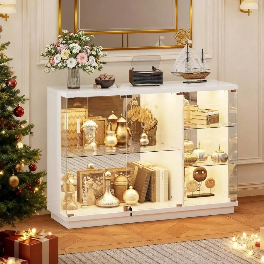 Lockable Display Curio Cabinet With Glass Door,47.2" W Glass Display Cabinet With 3 Color Lights Collectibles,5-Tier Lighted Display Case With Human Sensor,Livingm