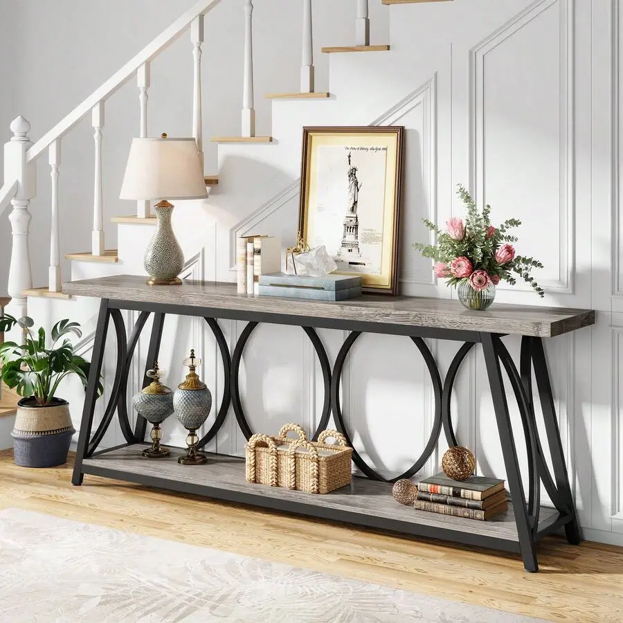 2-Tier Industrial Entryway Console Table With Storage Shelves, 70.9-Inch Long Sofa Table Behind The Couch, Narrow Entrance Accent Tables Living Room, Hallway