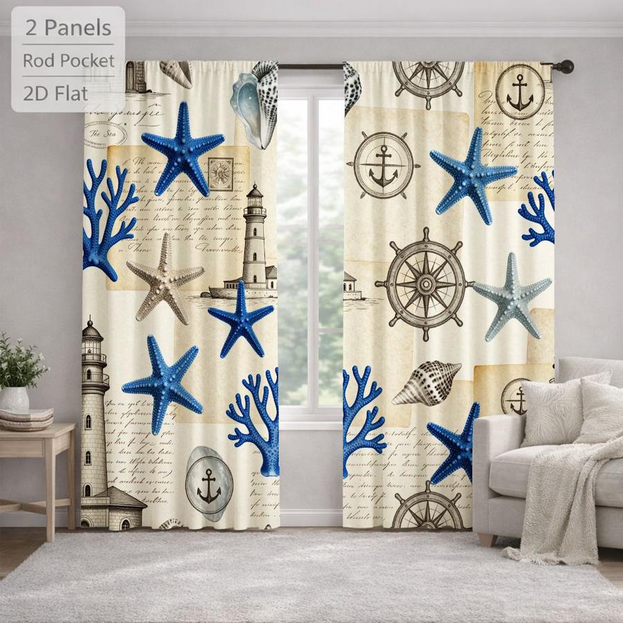 2Pcs Coastal Nautical Starfish Coral Lighthouse Pattern Sun Blocking Curtains Digital Printed Rod Pocket, Window Treatment For Bedroom Office Kitchen Living Room Study Home Decor