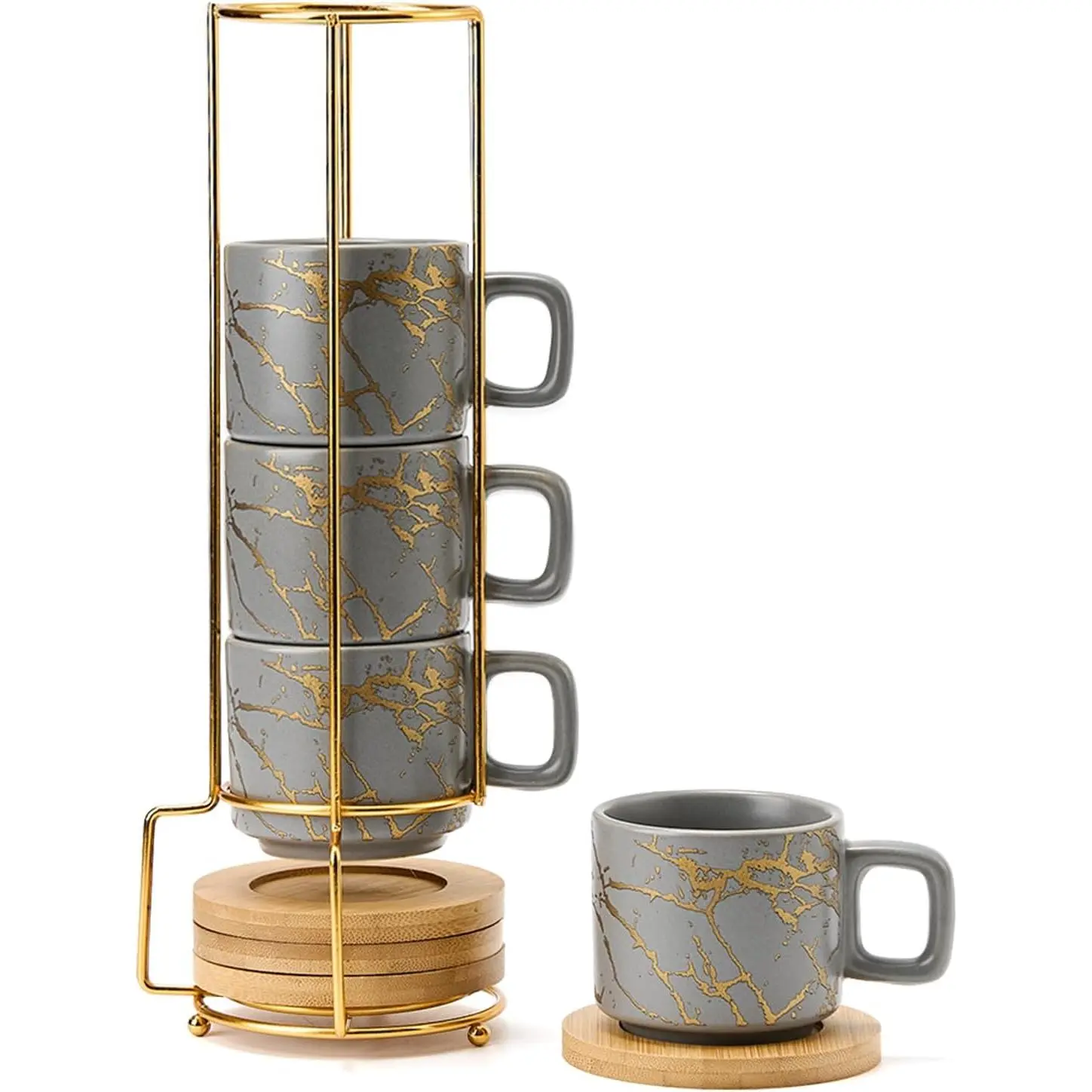 Porcelain Espresso Cup with  and Metal Stand, 4 Ounce Stackable Ceramic Demitasse Espresso Mugs Cups Set for Latte, Specialty Coffee Drinks, Cafe Mocha, - Set of 4, Gray