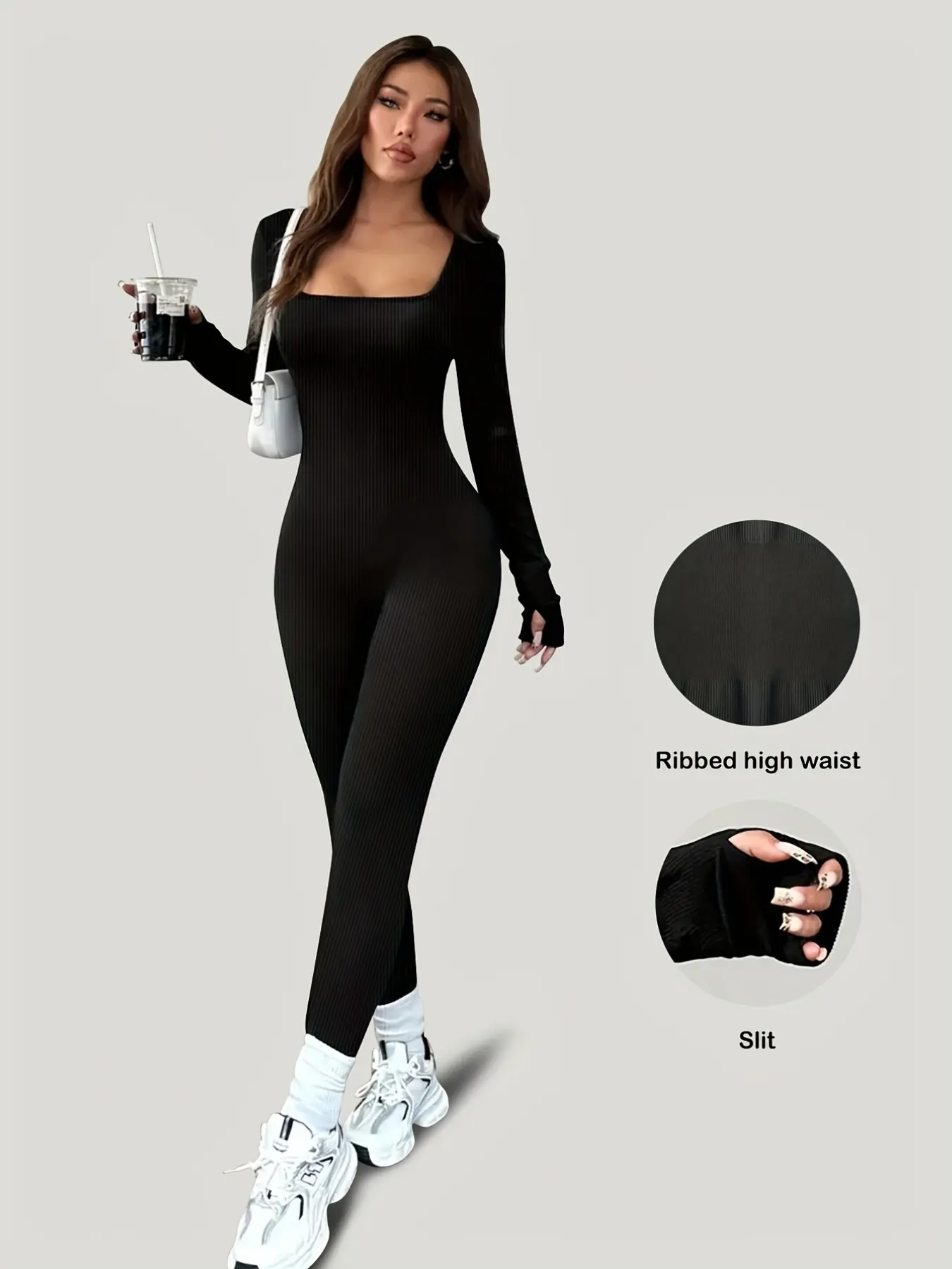 Women's Solid Color Ribbed Square neck Long Sleeve Workout Jumpsuit, Skin-Tight And Comfortable, Suitable For Sports And Leisure, Ribbed Long Sleeve Shaping Sportswear, Yoga Shapewear, Square neckline Jumpsuit
