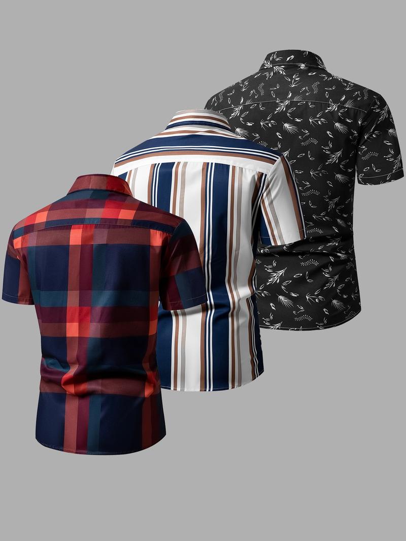 Men's Random Plaid Print Short Sleeve Shirt, Casual Party Shirt, Casual Regular Fit Button Collared Top for Summer, Men's Clothes for Daily Wear