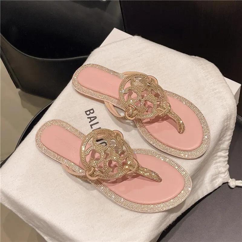 Women's Sparkling Rhinestone Cutout Flip Flops, Summer Beach Slide Sandals for Casual & Vacation Wear