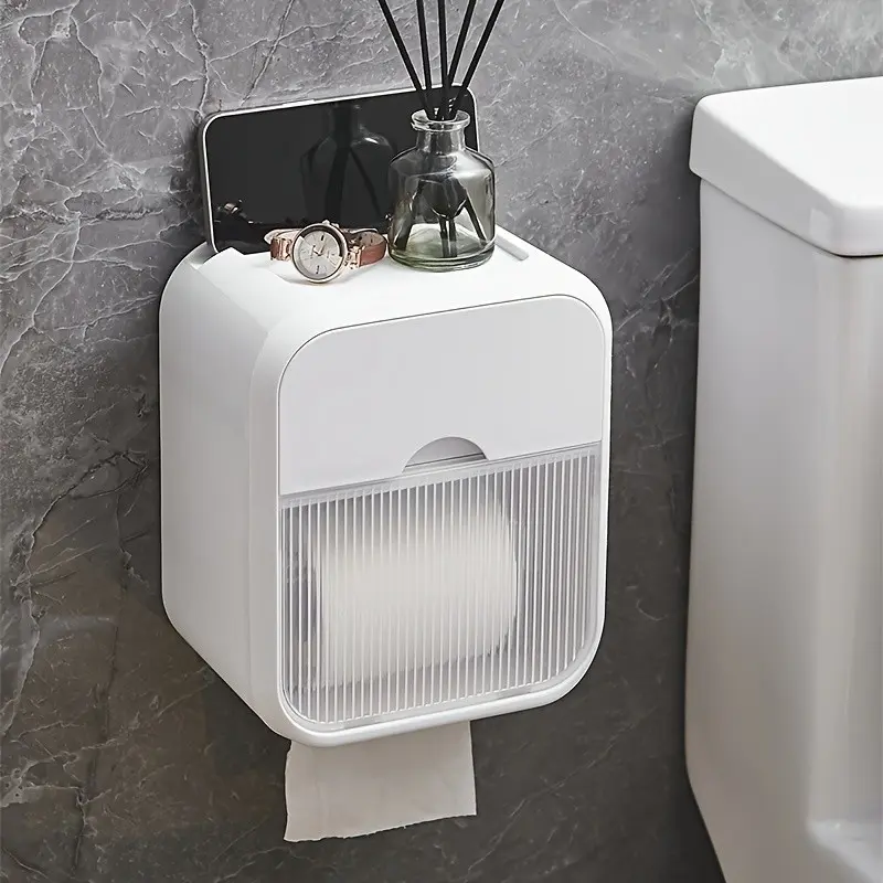 Waterproof Plastic Rectangular Design Bathroom Paper Towel Holder, No-Drill Wall-Mounted Napkin Box with Storage Rack, Bathroom Gadgets