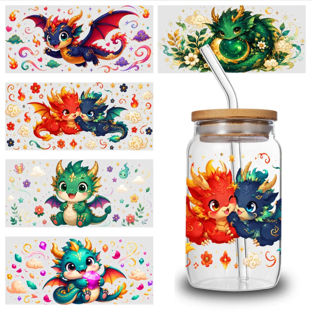 5 Sheets Cute Dragons UV DTF Stickers Self-Adhesive UV DTF Transfer Stickers - 5pcs for Glass Jars, Bottles, Cups - Permanent Decoration Suitable for DIY Crafts, Wine Bottles, Water Bottles, Tea Cups