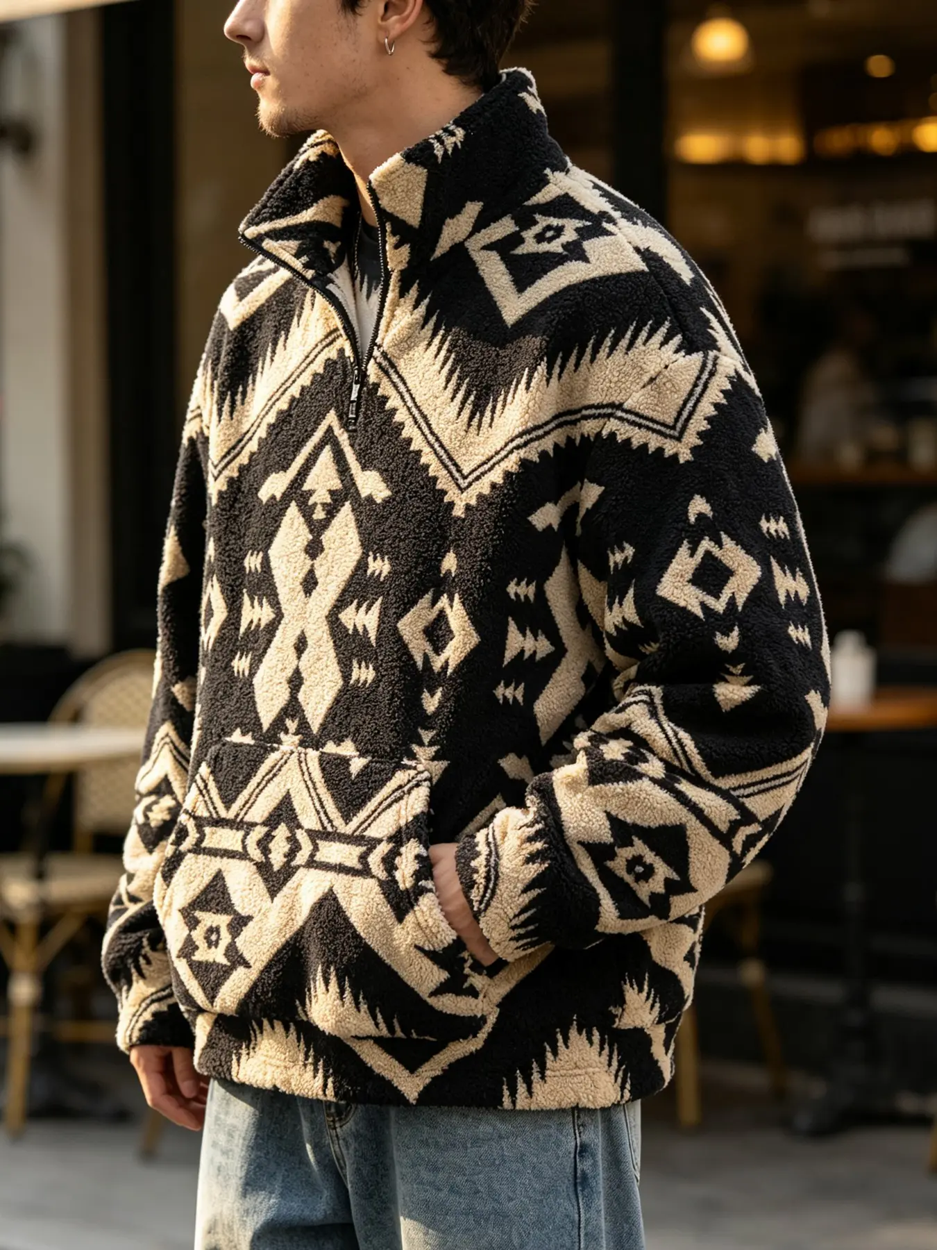 Men Aztec Tribal Print Sherpa Fleece Jacket, Soft Plush Half Zip Stand Collar Sweatshirt, Vintage Western Streetwear, Fall Winter Warm Coat