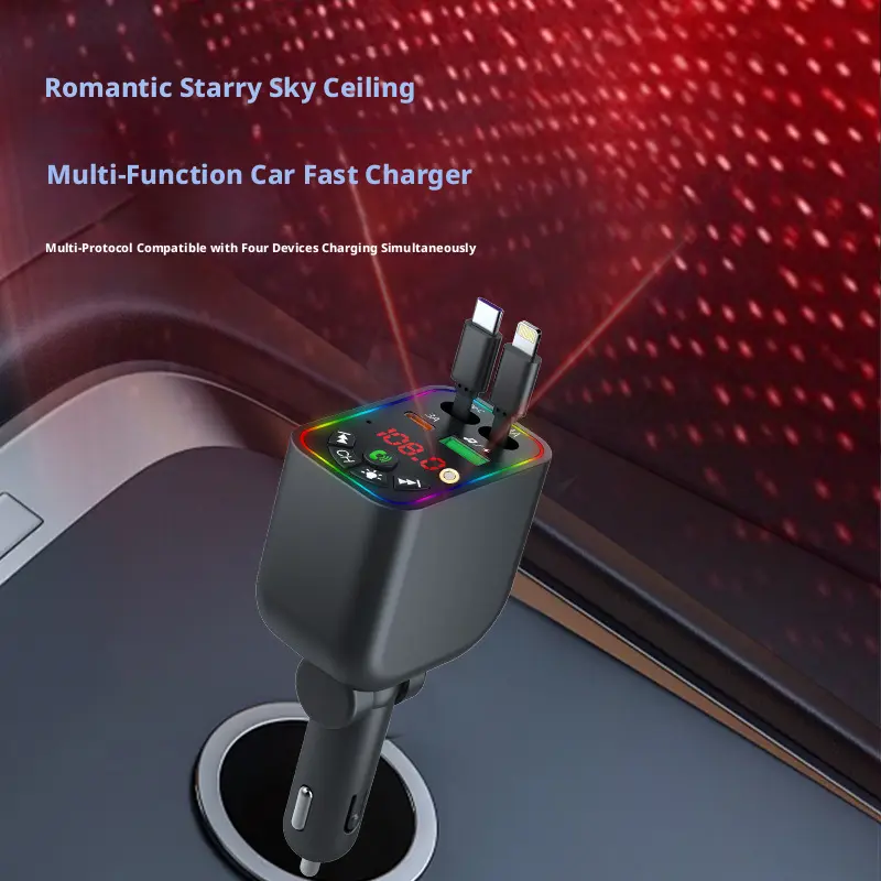 5-in-1 Bluetooth FM Transmitter with Retractable Fast Charging PD Cable, Car Cigarette Lighter Charger Adapter, Hands-Free Calling & MP3 Player Accessory