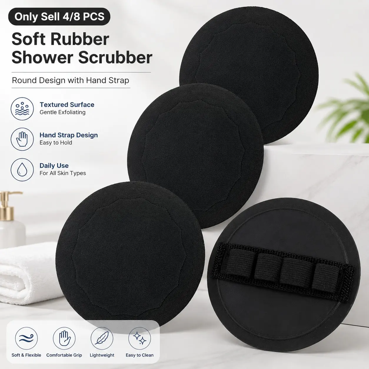 4/8 Counts Soft Rubber Shower Scrubber, Round Textured Exfoliating Bath Pads with Hand Strap, Gentle Body Cleansing and Massage Tool for Arms, Legs, Back, Daily Shower and Bathroom Use