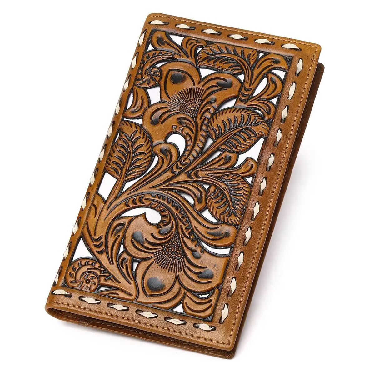 Men's Genuine Full Grain Leather Exquisite Trendy Checked Pattern Wallet - Western Floral Embossed Cowboy Checkbook & Credit Card Holder, Durable, Men's Accessories, Gift for Husband Christmas, Checked Pattern Wallets