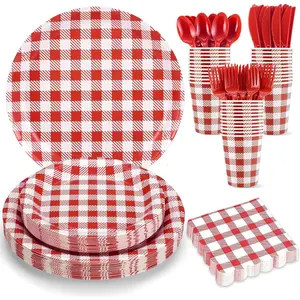 175 Pcs Red Gingham Disposable Party Supplies Set, Plates Napkins Cups Plastic Cutlery Kit, BBQ Picnic Patriotic Decorations, Father's Day & Mother's Day Party Tableware