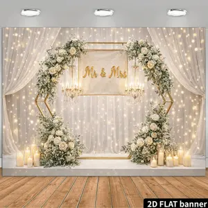 Minimalist Boho Wedding Backdrop, Golden Heart & White Rose Wall Banner, Bridal Shower Party Decor, Elegant Floral Photo Background