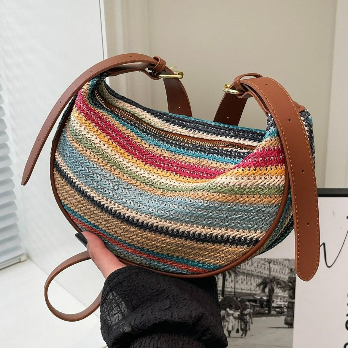 Summer Woven Bag for Women – New Style Large Capacity Cross-body Bag with Shoulder Strap – Rainbow Stripes Dumpling-Shaped Woven Fabric Tote for Daily Commuting