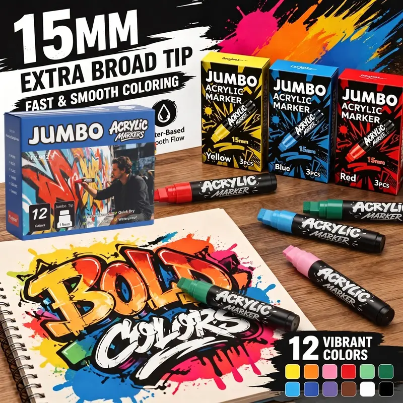 Jumbo Acrylic Paint Markers 3/12 Pack, 15mm Thick Wide Tip Permanent Paint Pens for Posters, Rock Painting, Graffiti, Glass, Ceramic, Wood, Stone and Canvas