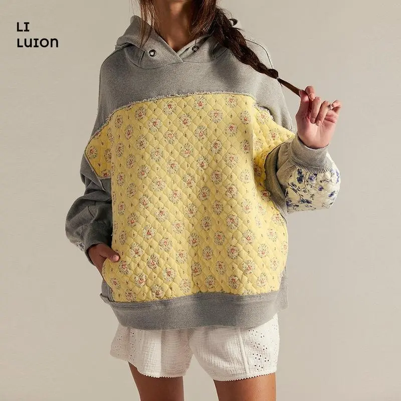 Women Y2k Cute Flower Patchwork Graphic Long Sleeve Pullover Preppy Quilted Hooded Sweatshirt Streetwear